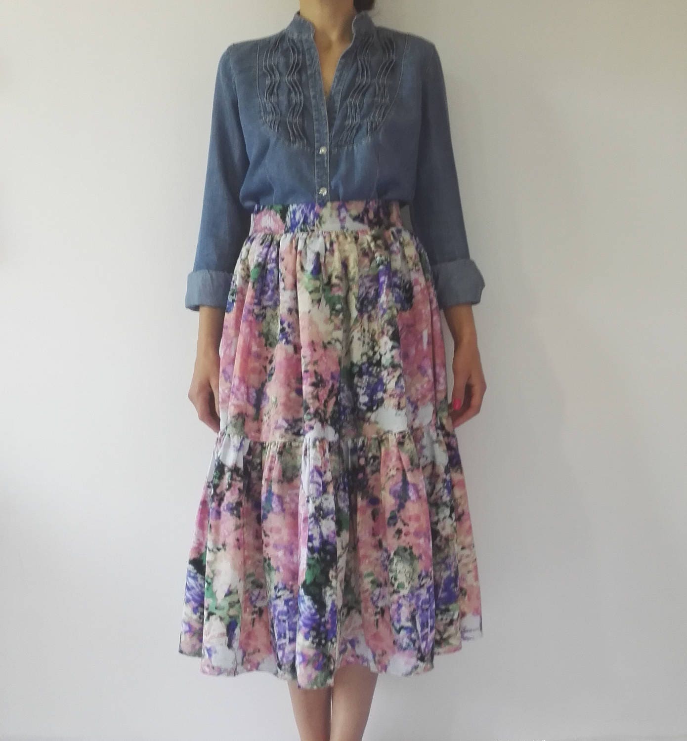 Summer Skirt With Ruffle Curled, Flared Skirt With Flowers, Midi Skirt ...