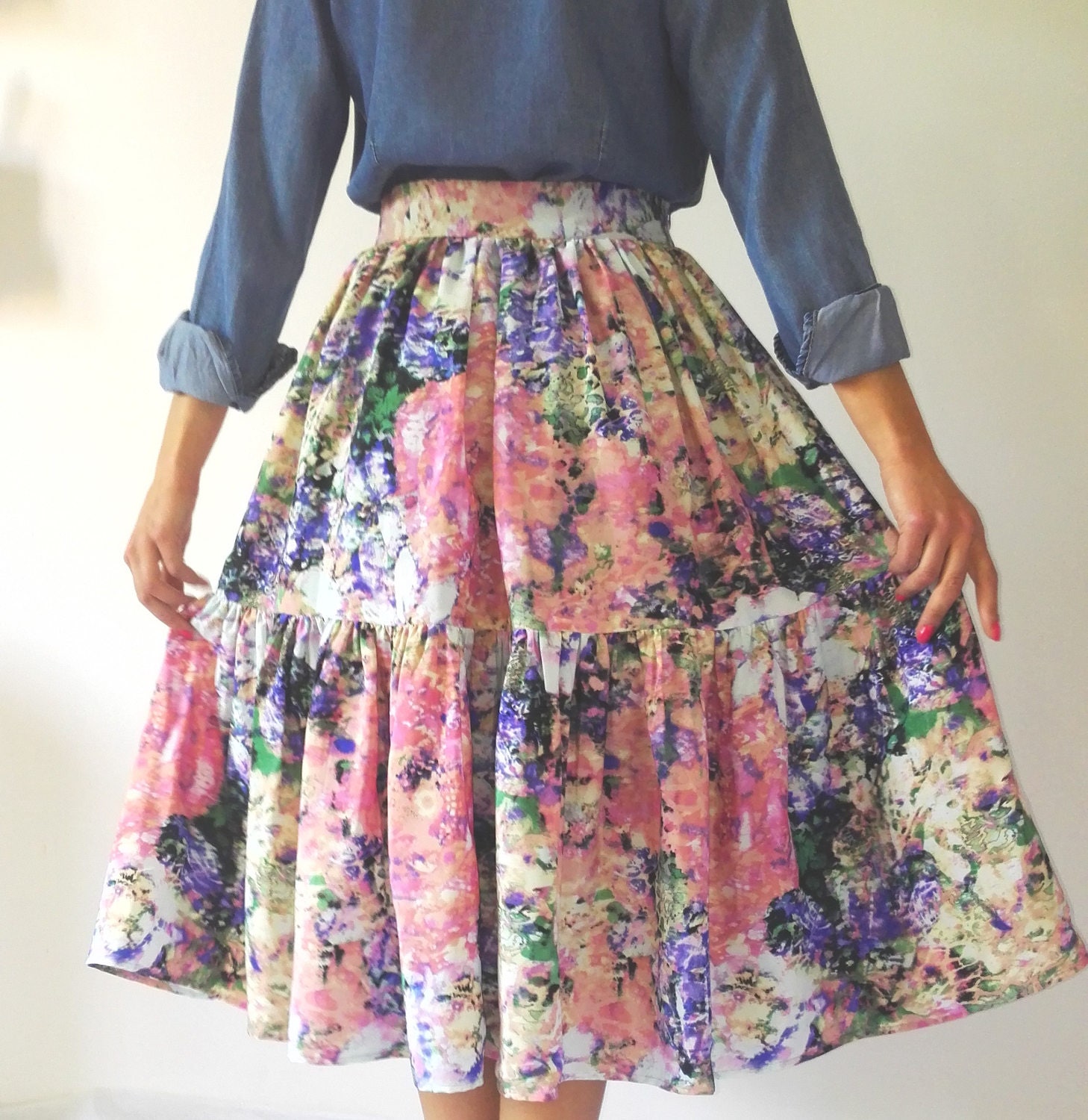 Summer Skirt With Ruffle Curled, Flared Skirt With Flowers, Midi Skirt ...