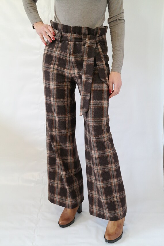 Tartan Wool Palazzo Trousers Wide Leg 