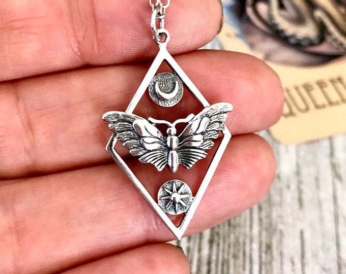 Tiny Talisman Collection - Sterling Silver Geometric Moth Necklace with Sun and Moon 32x21mm  / Curated  Collection 925