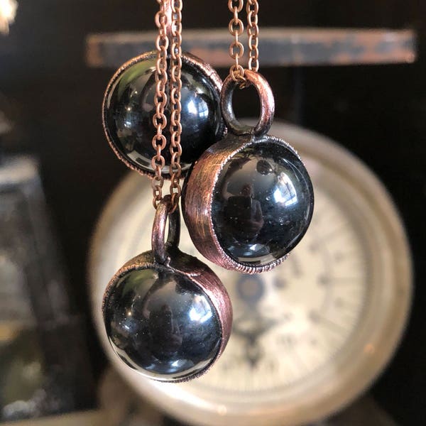 Crystal Ball Necklace Black Obsidian Necklace / Black Crystal Sphere Jewelry / Natural Copper Electroformed Long Layering Pendant