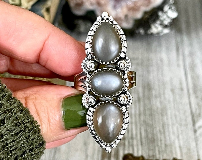 Three Stone Grey Moonstone Ring in Solid Sterling Silver- Designed by FOXLARK Collection Size 5 6 7 8 9 10 11