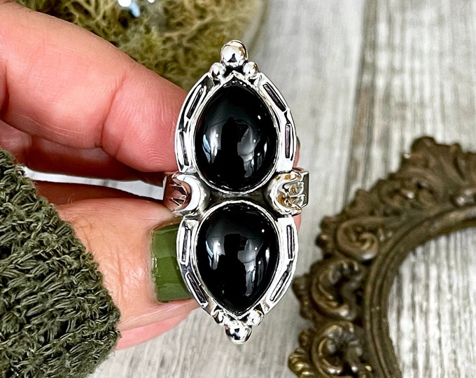 Mystic Moons Black Onyx Crystal Ring in Solid Sterling Silver- Designed by FOXLARK Collection Size 6 7 8 9 10 / Gothic Jewelry Gemstone