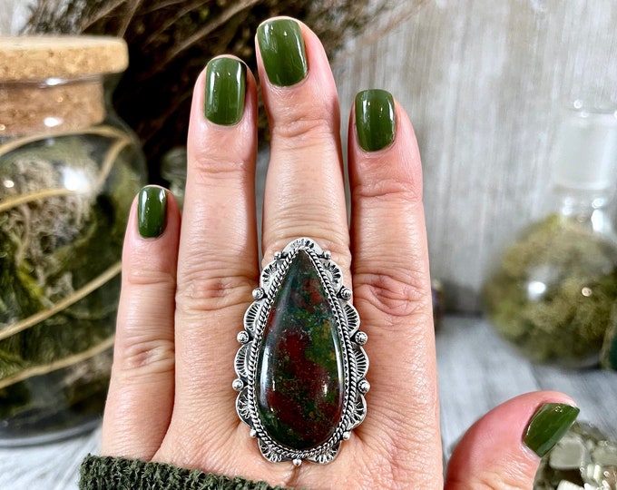 Bloodstone Teardrop Crystal Statement Ring Sterling Silver- Designed by FOXLARK Collection Adjustable Size- Adjusts to size 6,7,8,9, or 10