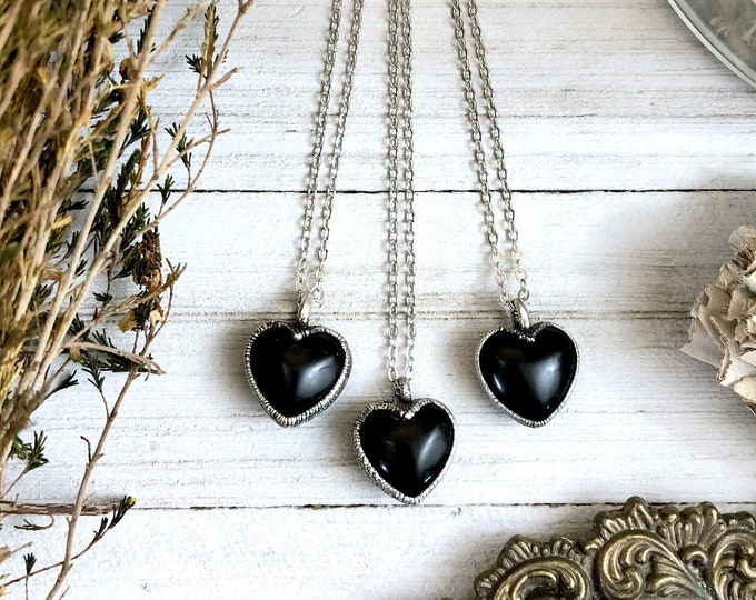 Dainty Obsidian Necklace Silver Crystal Heart Necklace Pendant // Foxlark Collection - One of a Kind