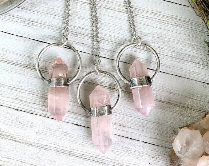 Rose Quartz Necklace Silver Crystal Necklace / Pink Crystal Necklace For Woman / Healing Crystal Jewelry Birthstone Jewelry