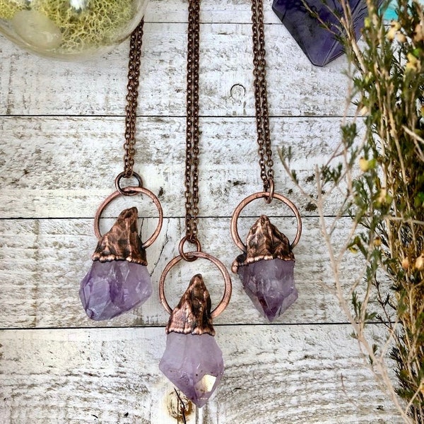 Bohemian Raw Crystal Necklace Pendant / Raw Amethyst Necklace / Raw Healing Crystal Necklace /  February Birthstone Jewelry Gift