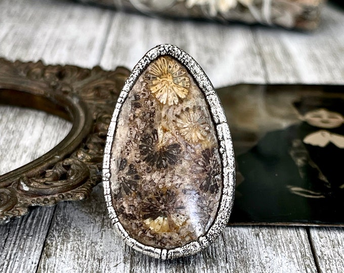 Size 8 Fossilized Coral Silver Statement Ring in Fine Silver / Foxlark Collection - One of a Kind / Big Crystal Ring Witchy Jewelry