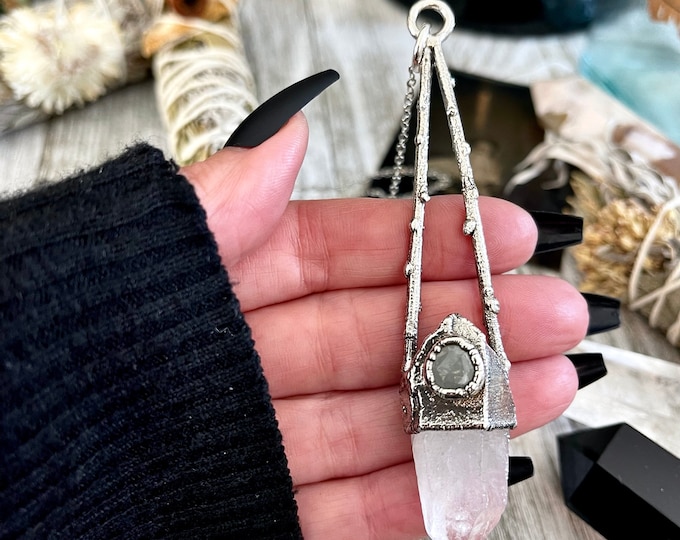 Sticks & Stones Collection - Clear Quartz and Aquamarine Necklace in Fine Silver // Big Crystal Necklace Witchy Jewelry Gothic Pendant