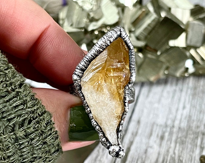 Size 6.5 Raw Citrine Crystal Point Ring Set in Fine Silver  / Foxlark Collection - One of a Kind / Big Crystal Ring Witchy Jewelry Gemstone