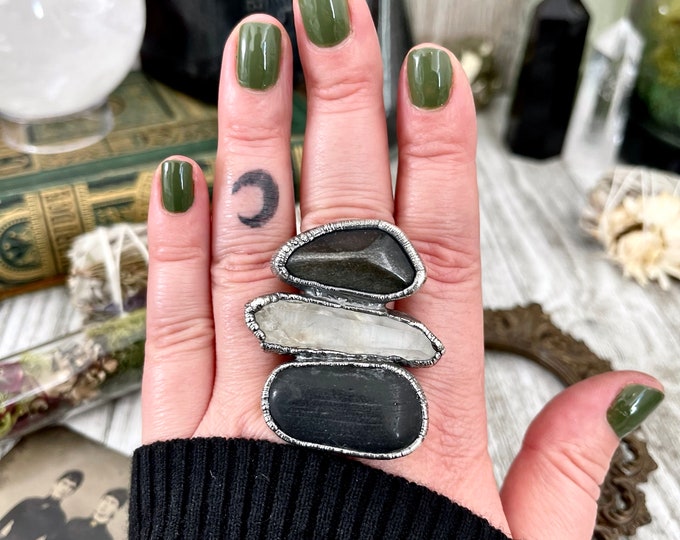 Size 9 Crystal Ring - Three Stone River Rock Raw Quartz Golden Sheen Obsidian Ring in Silver / Foxlark Collection - One of a Kind Jewelry