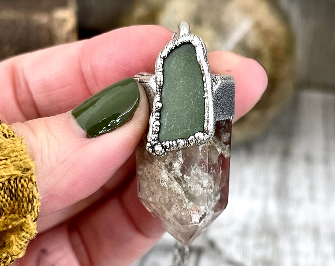 Garden Quartz & Green Sea Glass Crystal Statement Necklace in Fine Silver / Foxlark Collection - One of a Kind