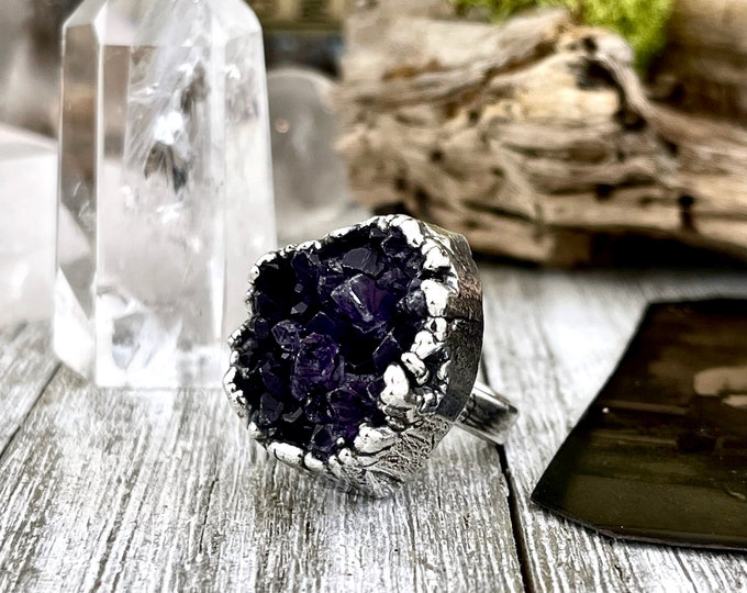 Size 6.5 Big Raw Amethyst Purple Crystal Cluster Ring in Fine Silver / Foxlark Collection - One of a Kind / Big Crystal Ring Witchy Jewelry