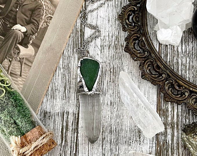 Raw Clear Quartz & Green Sea Glass Crystal Statement Necklace in Fine Silver / Foxlark Collection - One of a Kind