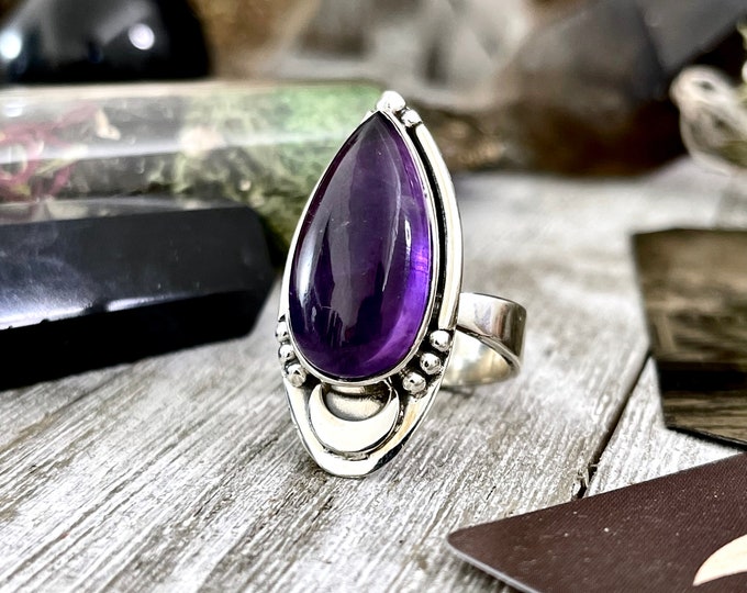 Midnight Moon Amethyst Teardrop Crystal Ring in Solid Sterling Silver- Designed by FOXLARK Collection Adjustable to Size 6 7 8 9 / Purple