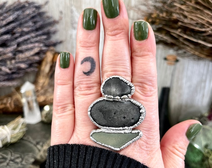 Size 10 Three Stone Ring- Tourmaline Quartz River Rock Sea Glass Crystal Ring Fine Silver / Foxlark Collection - One of a Kind / Jewelry