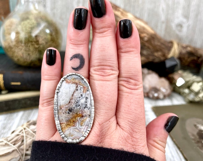 Size 7.5 Silver Natural Fancy Lace Agate Crystal Statement Ring / Foxlark Collection - One of a Kind / Big Crystal Ring Witchy Jewelry