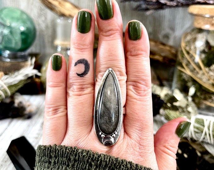 Magic Moon Silver Sheen Obsidian Ring in Sterling Silver / Designed by FOXLARK Adjustable to Size 6 7 8 9 10 / Big Crystal Ring Goth Jewelry