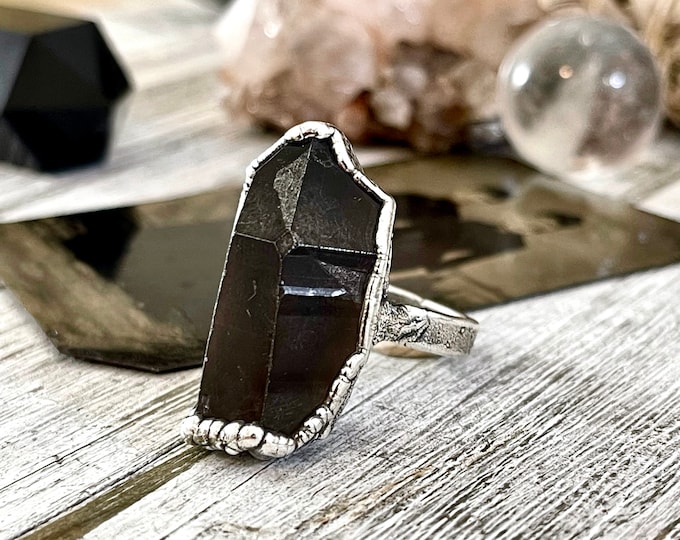 Size 7.5 Raw Smoky Quartz Crystal Cluster Ring Set in Fine Silver / Foxlark Collection - One of a Kind / Big Crystal Ring Witchy Jewelry