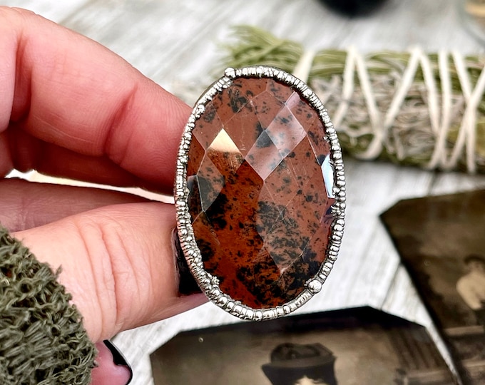 Size 7.5 Big Mahogany Obsidian Statement Ring in Fine Silver / Foxlark Collection - One of a Kind Electroformed Jewelry Electroformed