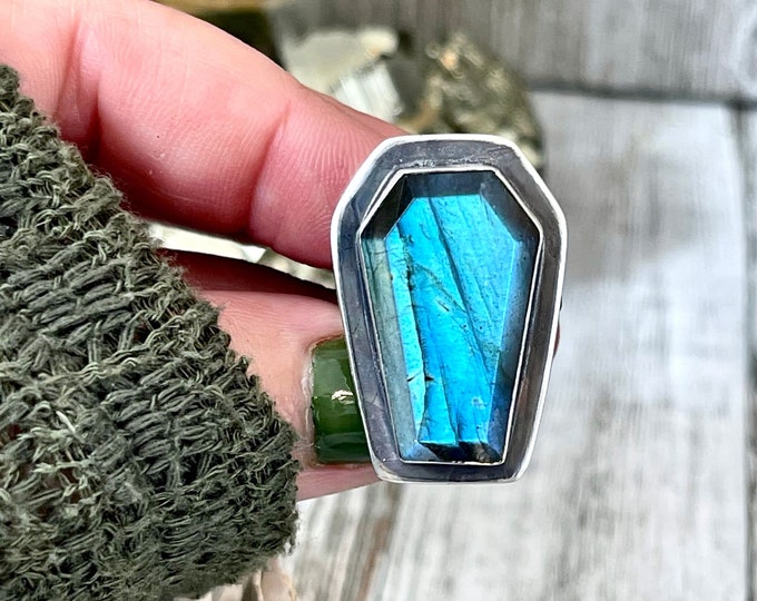 Labradorite Coffin Ring in Solid Sterling Silver- Designed by FOXLARK Collection Size 6 7 8 9 10 / Big Crystal Ring Witchy Jewelry Gemstone