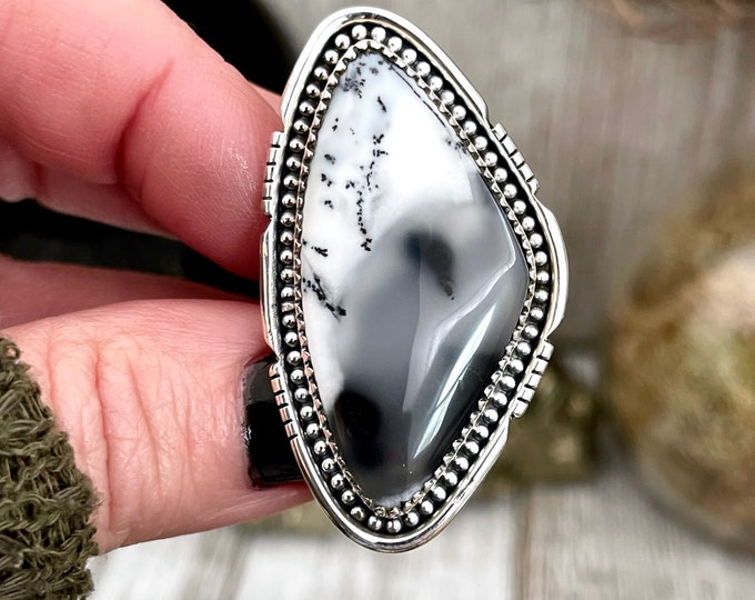 Big Dendritic Agate Crystal Statement Ring in Sterling Silver - Designed by FOXLARK Collection Adjustable to Size 6 7 8 9 | White Stone