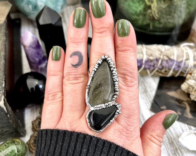 Size 9.5 Two Stone Ring- Golden Sheen Black Onyx Crystal Ring Fine Silver / Foxlark Collection - One of a Kind / Statement Jewelry Gemstone