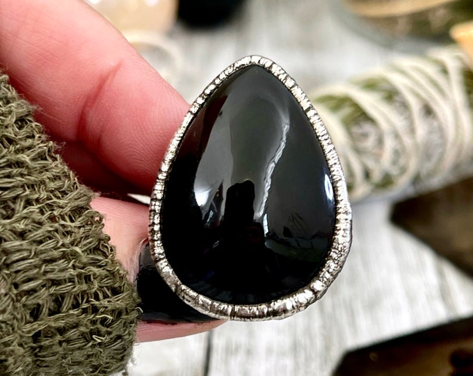 Size 6.5 Natural Black Obsidian Crystal Ring in Fine Silver / Foxlark Collection - One of a Kind // Big Stone Jewelry / Witchy Goth Punk