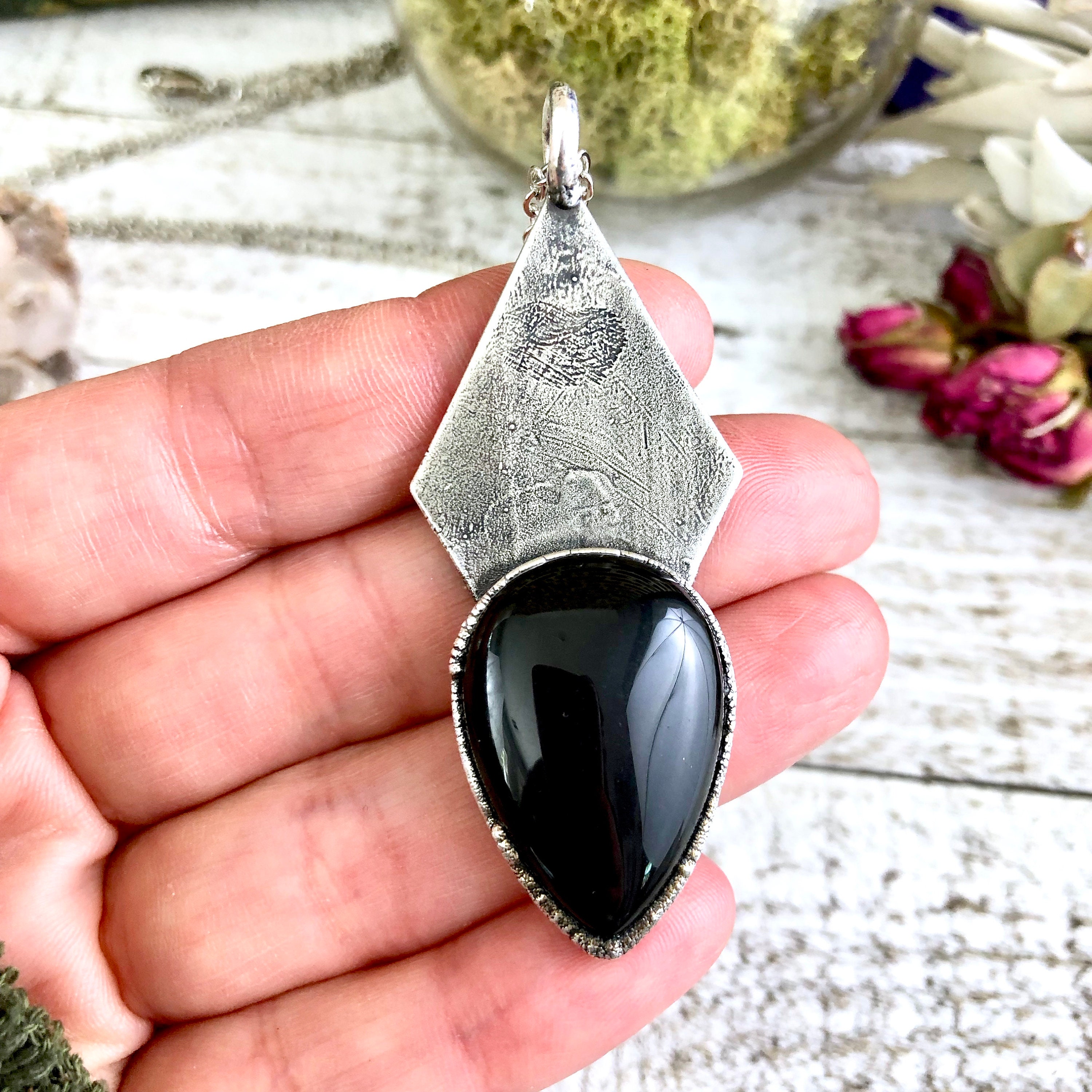 Crystal Necklace Silver Black Onyx Necklace Pendant
