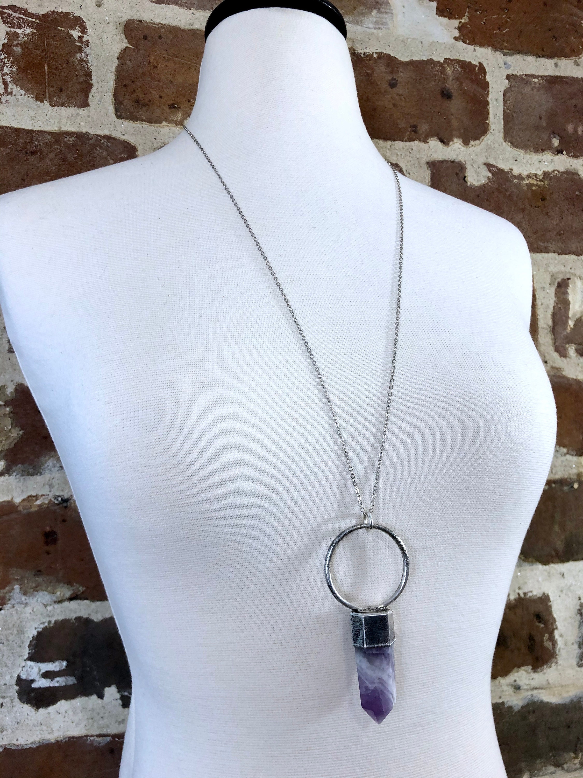 Chevron Amethyst Necklace / Big Crystal Necklace Pendant