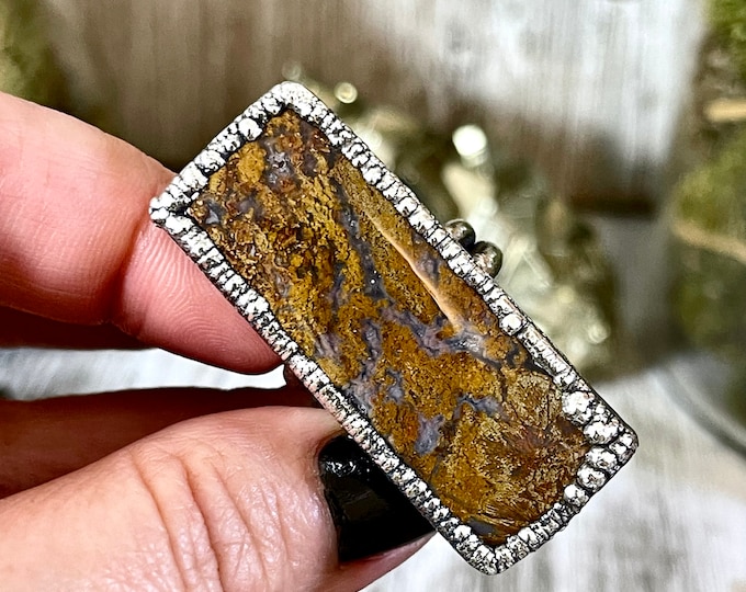 Big Size 8 Silver Natural Fancy Moss Agate Crystal Statement Ring / Foxlark Collection - One of a Kind / Big Crystal Ring Witchy Jewelry