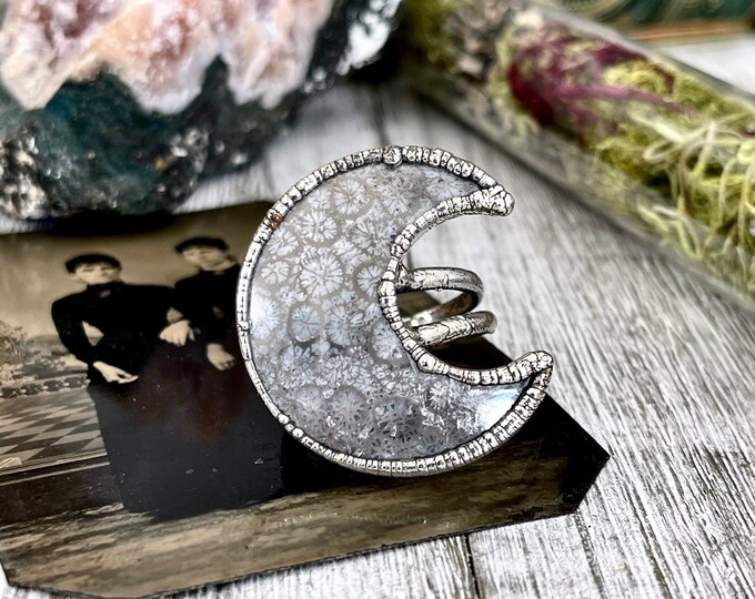 Size 10.5 Fossilized Coral Crescent Moon Statement Ring in Silver / Foxlark Collection - One of a Kind / Big Alternative Bohemian Jewelry