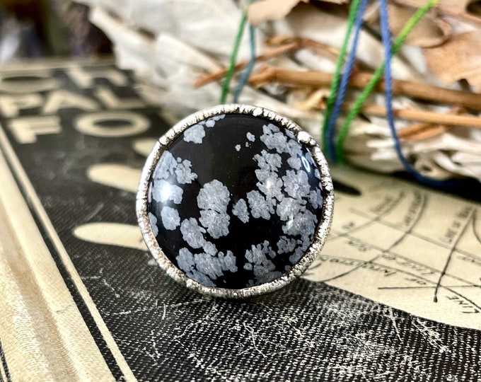 Size 6.5 Snowflake Obsidian Ring in Fine Silver / Foxlark Collection - One of a Kind / Big Crystal Ring Witchy Jewelry / Gothic Jewelry