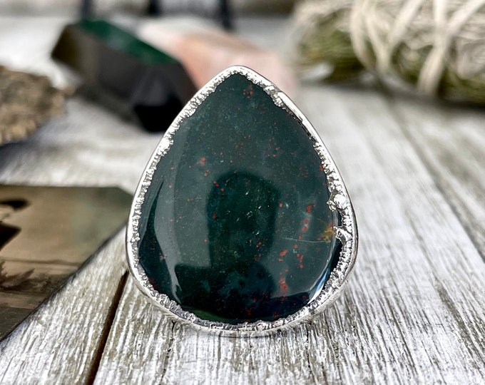 Size 6.5 Big Natural Bloodstone Ring In Fine Silver /  Foxlark Collection - One of a Kind / Big Crystal Ring Witchy Jewelry / Gothic Jewelry