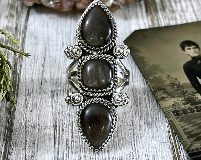 Triple Stone Silver Sheen Obsidian Ring in Solid Sterling Silver- Designed by FOXLARK Collection Size 5 6 7 8 9 10 11 / Gothic Jewelry