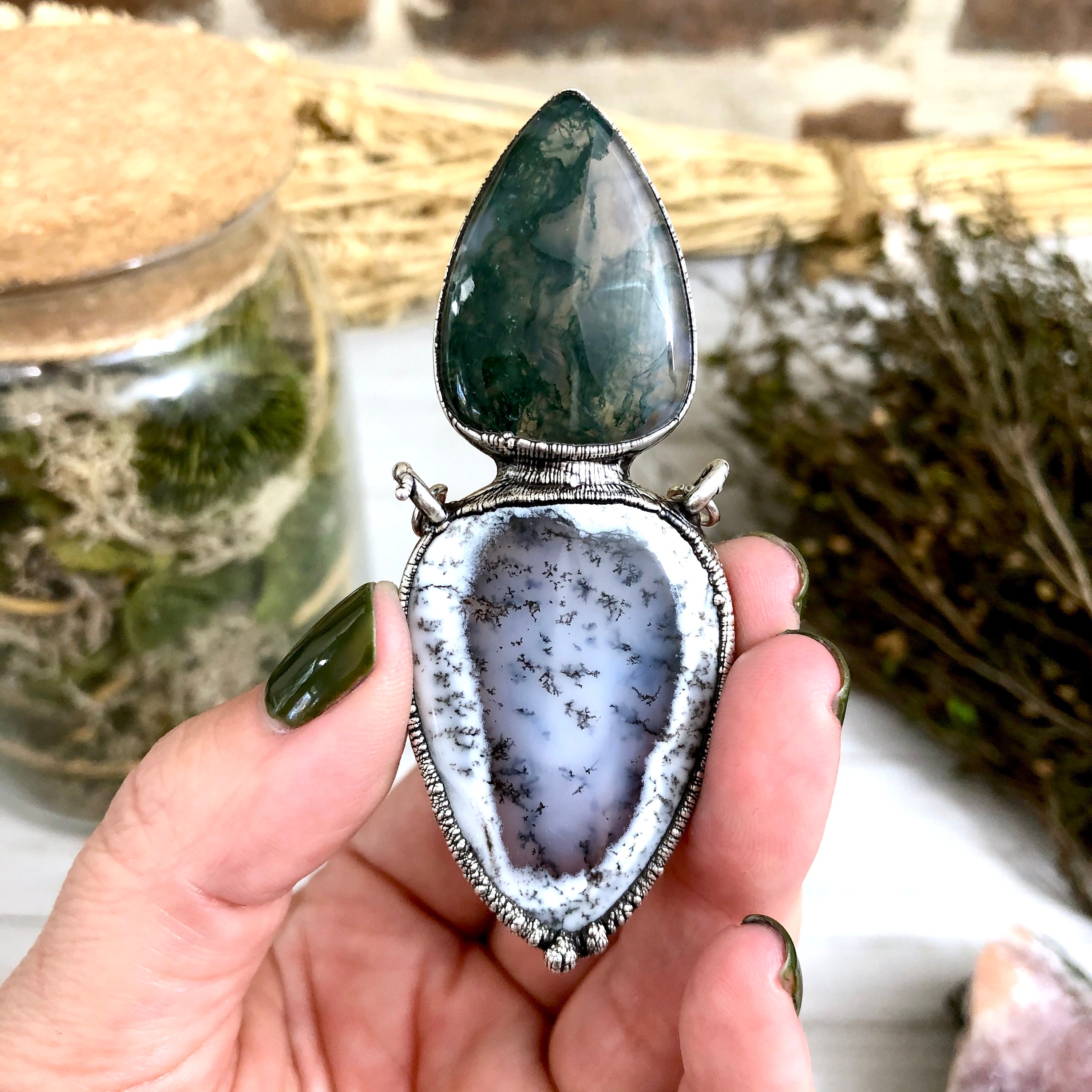 Dendritic Opal & Moss Agate Crystal Necklace in Silver