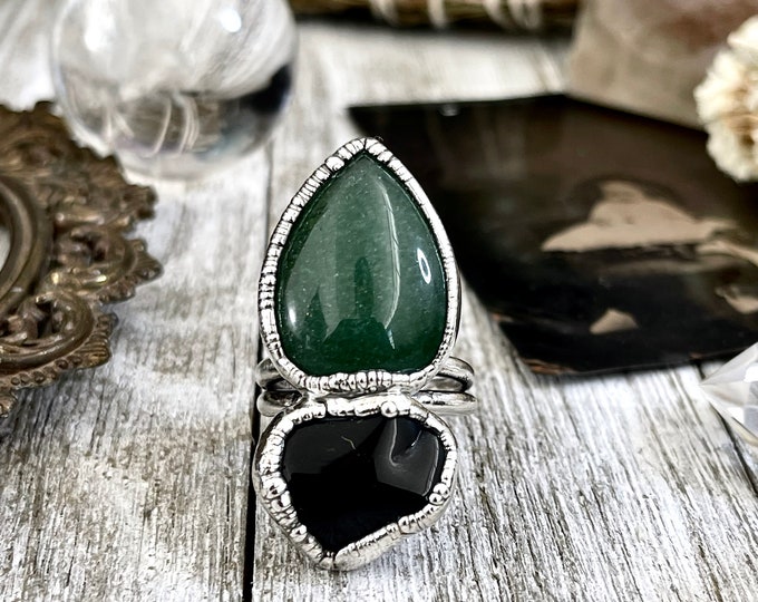 Size 8.5 Two Stone Ring- Black Onyx Green Aventurine Crystal Ring Fine Silver / Foxlark Collection - One of a Kind / Statement Jewelry