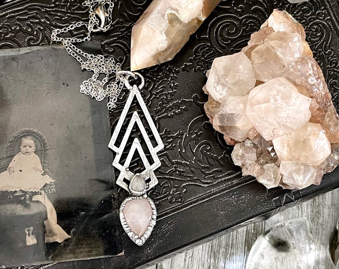 Moss & Moon Collection - Rose and Clear Quartz Statement Necklace set in Fine Silver /  / Punk Alternative Witchy Pendent Gemstone Jewelry