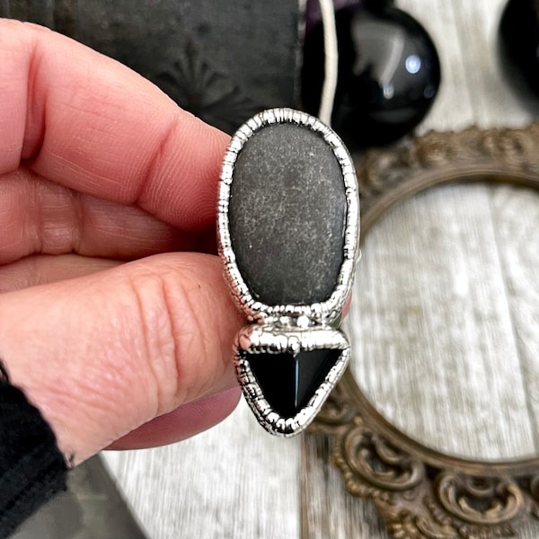 Maat 6 Twee stenen ring- Black Onyx River Rock Crystal Ring Fijn Zilver / Foxlark Collectie - One of a Kind / Big Statement Sieraden Edelsteen