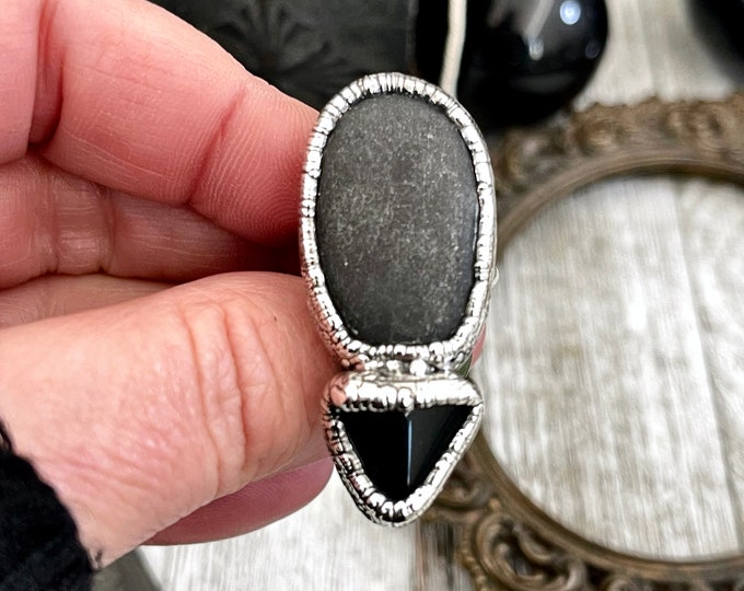 Size 6 Two Stone Ring- Black Onyx River Rock Crystal Ring Fine Silver / Foxlark Collection - One of a Kind / Big Statement Jewelry Gemstone
