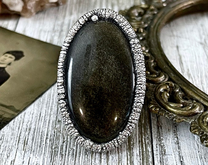 Size 7 Silver Sheen Obsidian Statement Ring in fine Silver / Foxlark Collection - One of a Kind / Big Crystal Ring Witchy Jewelry Gemstone