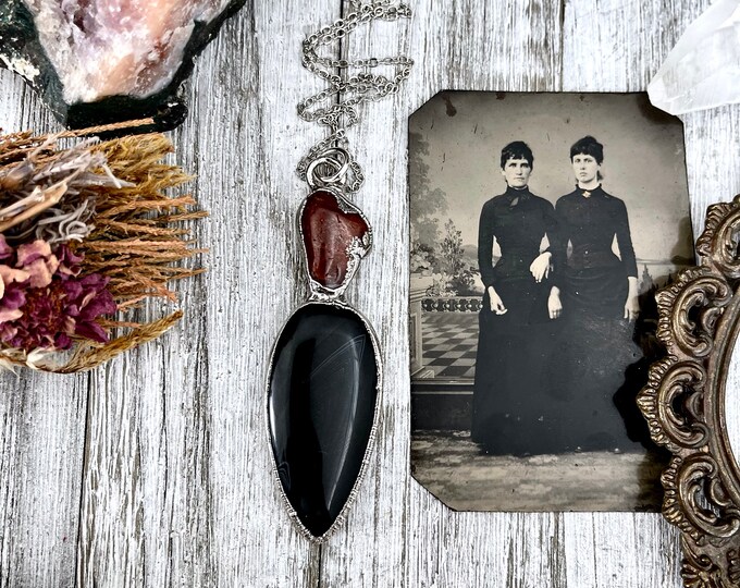 Two Stone Red Carnelian Black Banded Agate Necklace in Fine Silver / Foxlark Collection - One of a Kind Jewelry // Boho Alternative Pendent