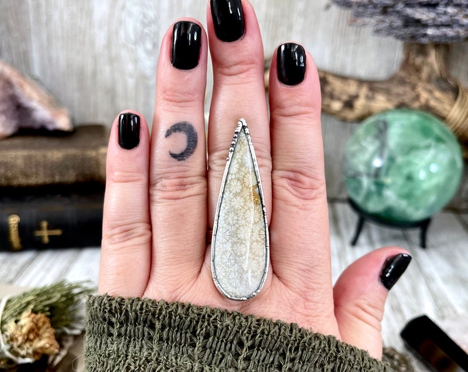 Size 8 Fossilized Coral Silver Statement Ring / Foxlark Collection - One of a Kind / Big Crystal Ring Witchy Jewelry / Gothic Jewelry