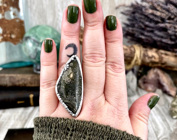 Size 7.5 Large Marcasite Statement Ring in Fine Silver / Foxlark Collection - One of a Kind / Big Crystal Ring Witchy Jewelry Electroformed