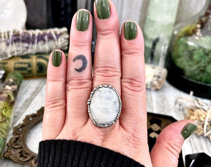 Size 8.5 Rainbow Moonstone Ring in Fine Silver / Foxlark Collection - One of a Kind // Big Bohemian Statement Ring Large Witchy Alternative