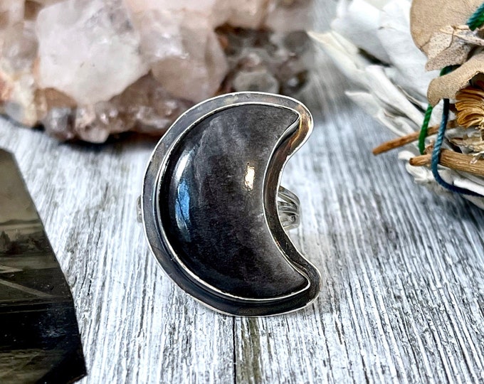 Crescent Moon Silver Sheen Obsidian Crystal Ring in Sterling Silver- Designed by FOXLARK Collection Size 5 6 7 8 9 10 11 / Gothic Jewelry