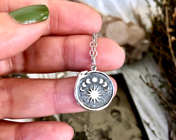 Tiny Talisman Collection - Sterling Silver  Silver Ouroboros with Moon Phases Necklace Pendant  15mm  / Curated  Collection