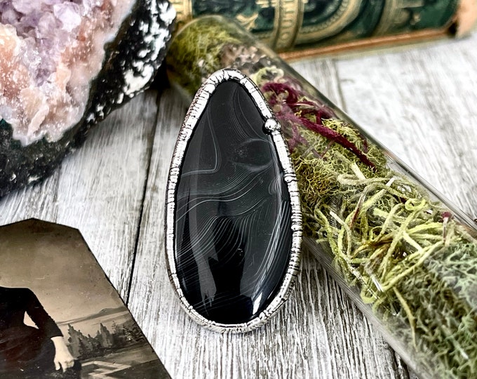 Size 8 Large Natural Black Banded Agate Ring in Fine Silver/ Foxlark Collection - One of a Kind / Big Crystal Ring Witchy Jewelry Gemstone