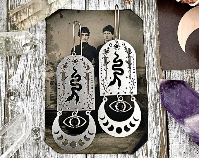 Gemini Snake Moon Sun Eye Black Agate Earrings Sterling Silver & Stainless Steel Earrings / / Witchy Earrings Snake Jewelry Rock and Roll