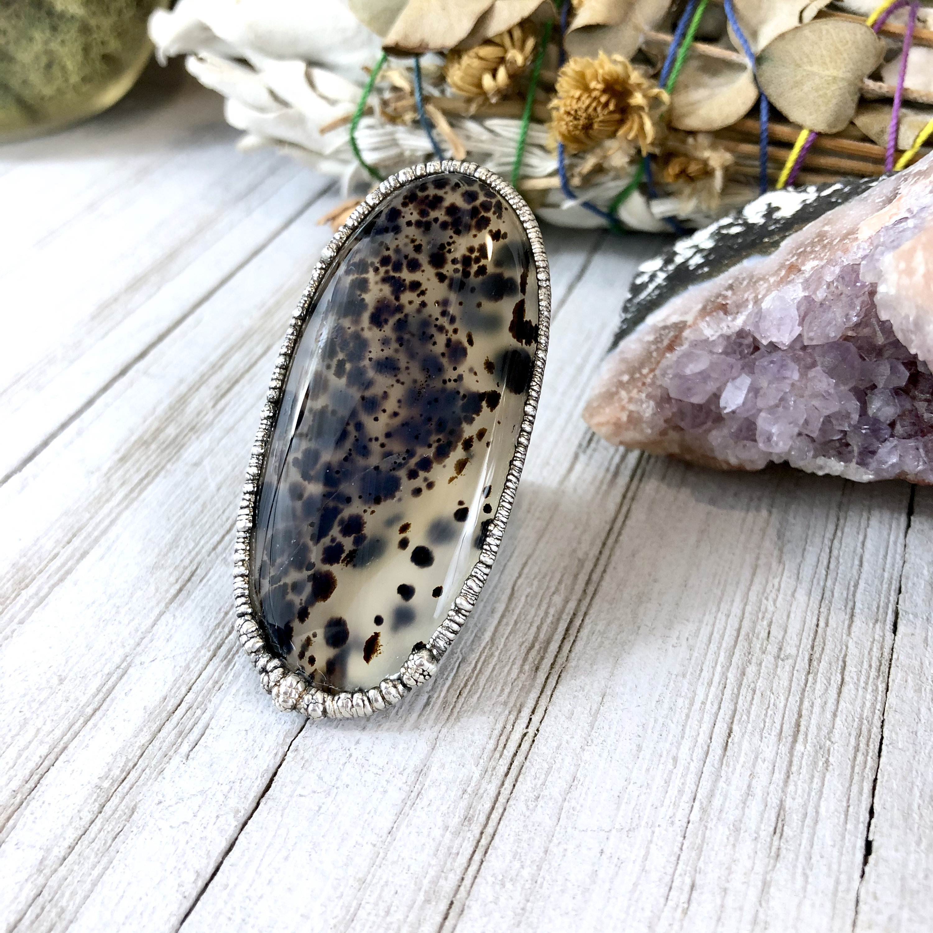 Size 7.5 Big Silver Ring Montana Moss Agate Ring